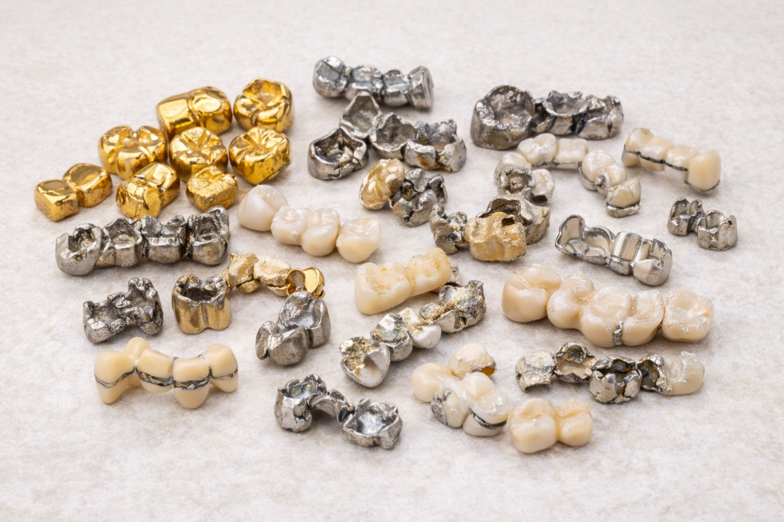 Mixed dental restorations showing a range of colors and materials