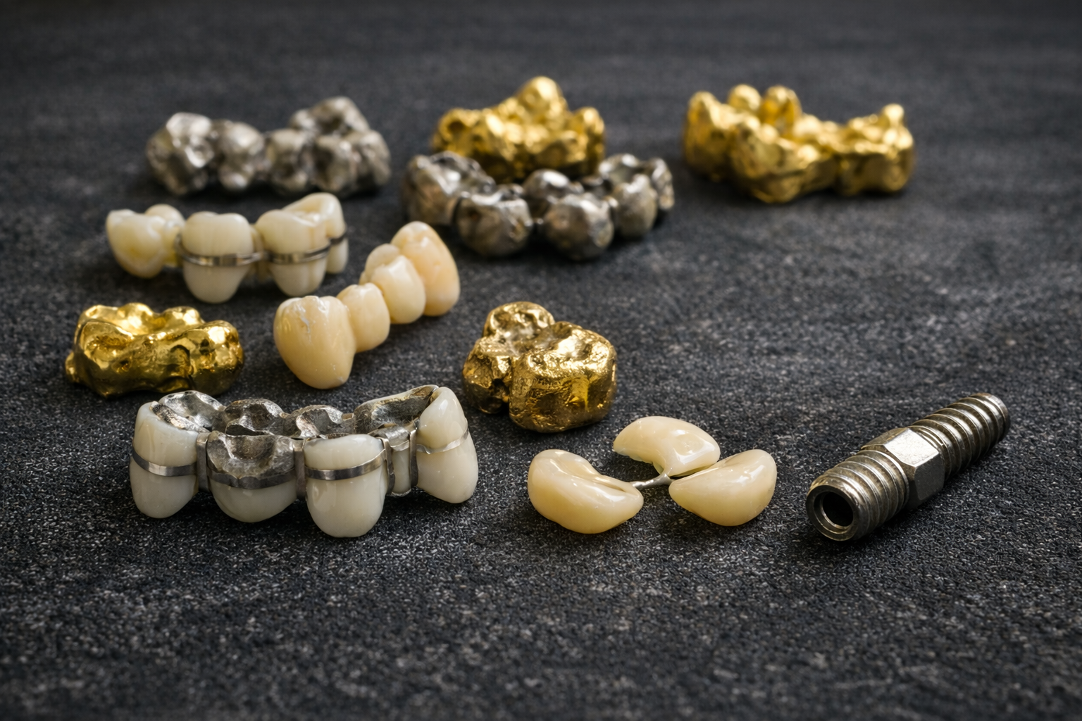 Dental scrap examples including crowns, bridges, PFMs, inlays, partials, and implants