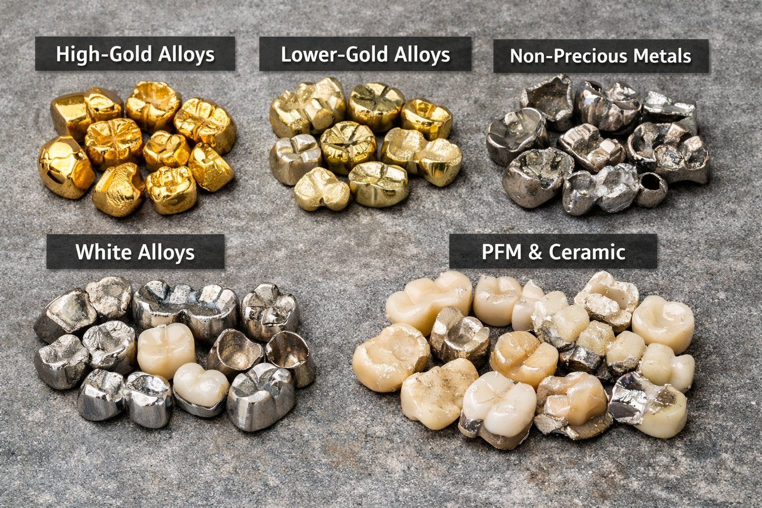 Visual comparison of dental restoration alloy types: high-gold, lower-gold, non-precious, white alloys, and PFM/ceramic