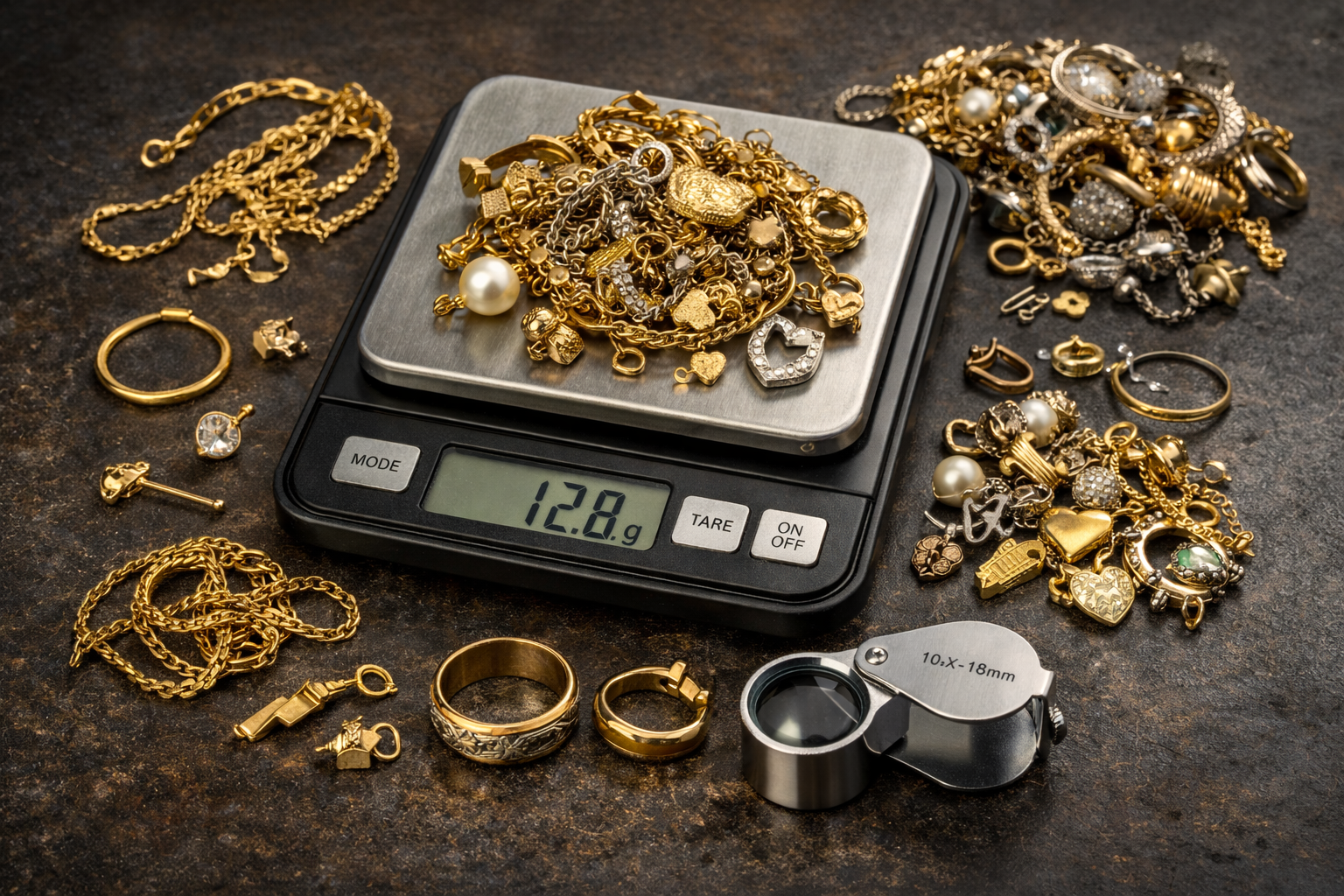 Assorted scrap gold jewelry lot with scale and loupe