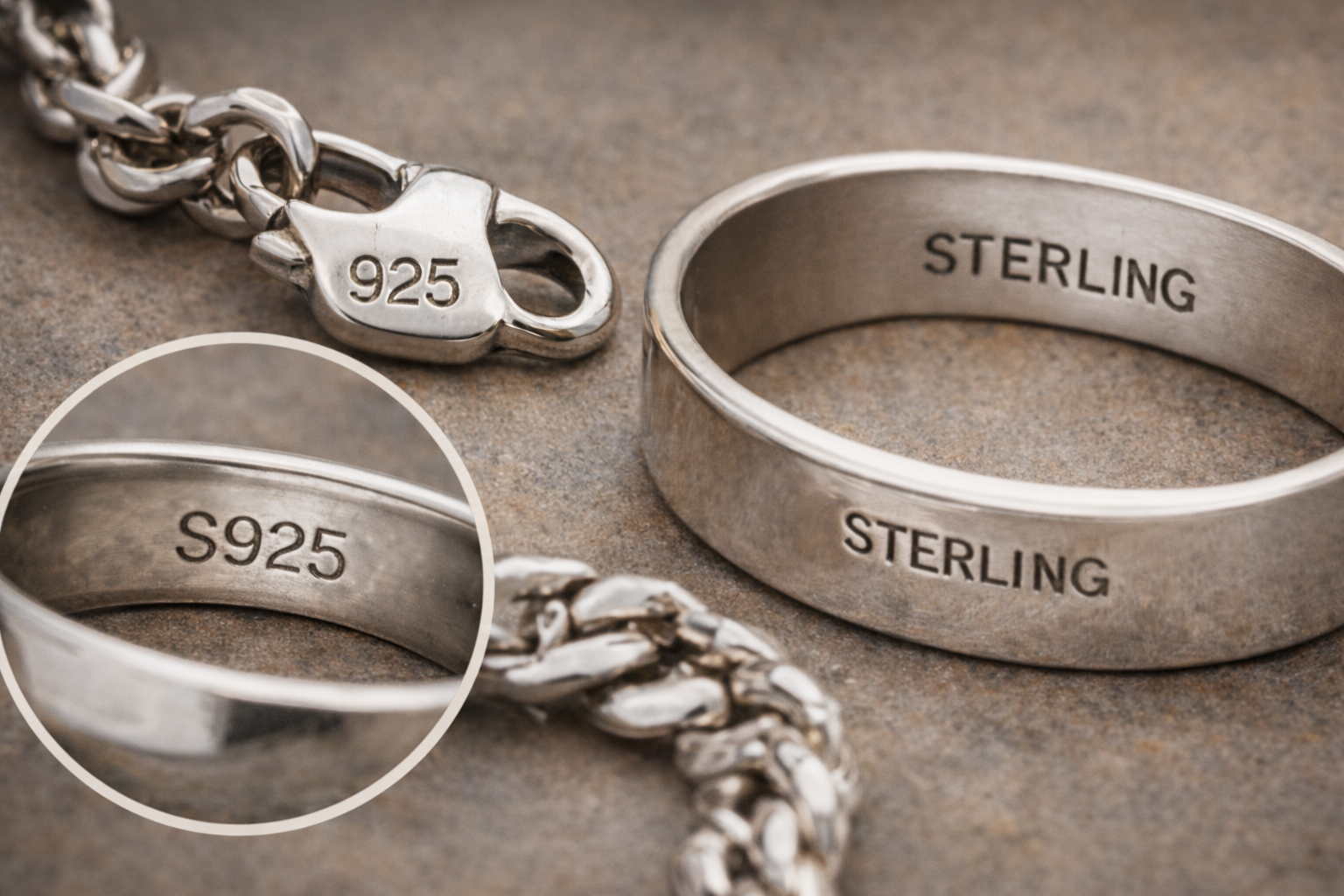 Silver jewelry showing 925, S925, and Sterling hallmarks